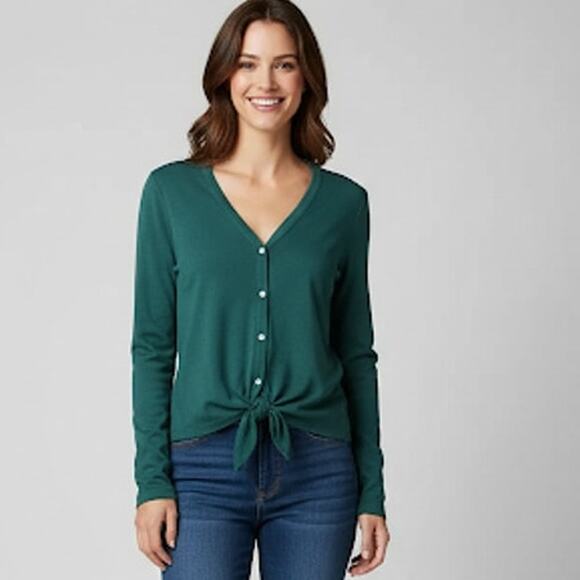 Loft Women’s Teal Cardigan Sweater Small V-Neck Button Front Knot Hem - Picture 1 of 6